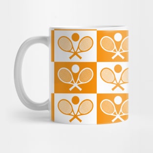 Checkered Tennis Seamless Pattern - Racket and Ball in Orange and White Tones Mug